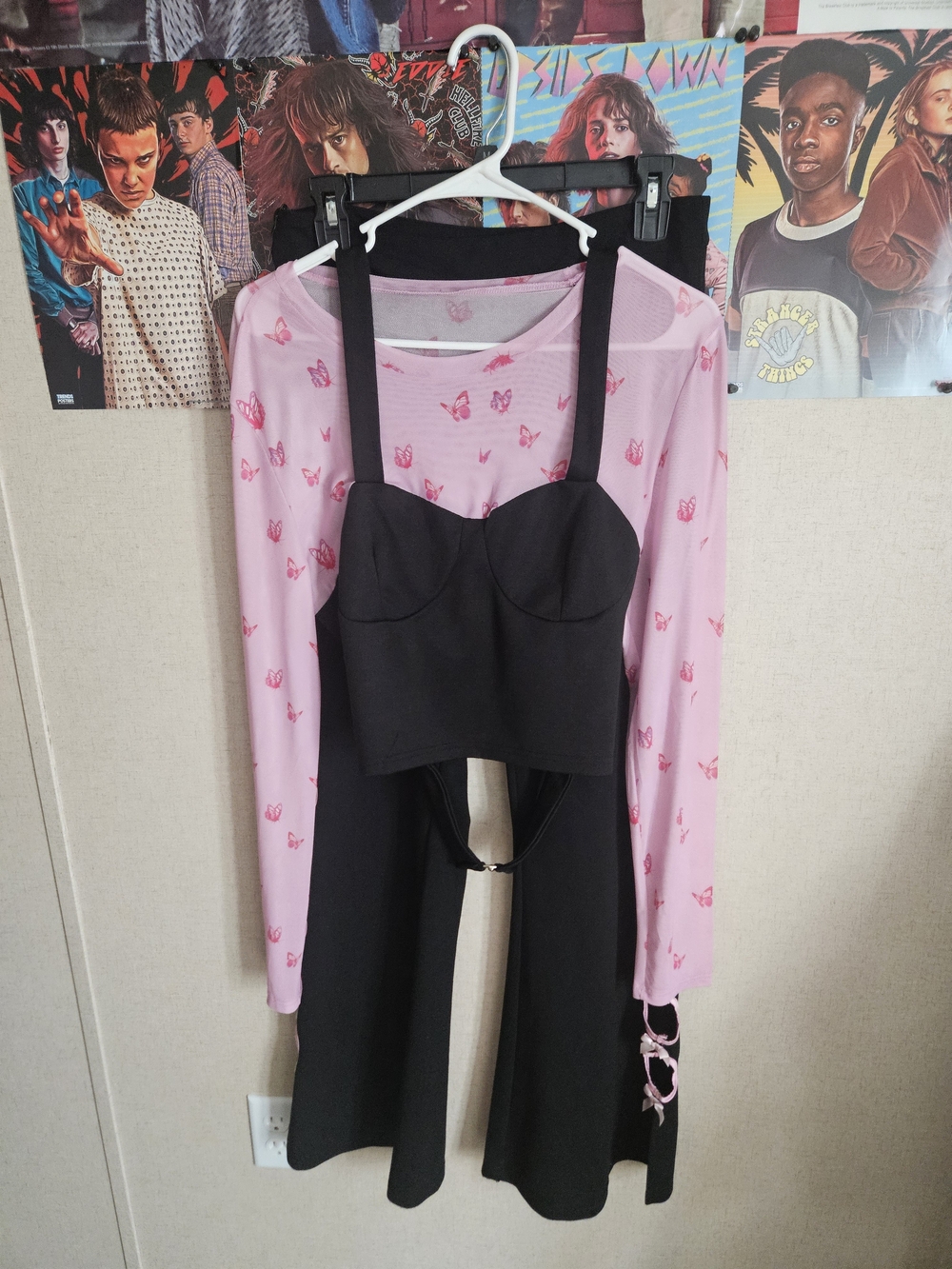 BUTTERFLY MESH  Pink Long Sleeve Crop Top & BLACK FLARE pink Ribbon Pants